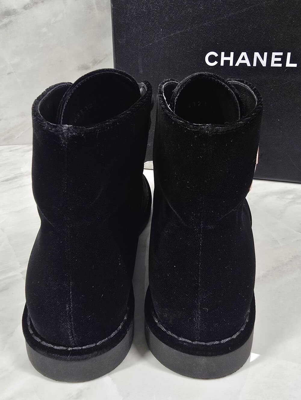 CHANEL Black Velvet Lace-Up Ankle Boots with Logo - Picture 5 of 12